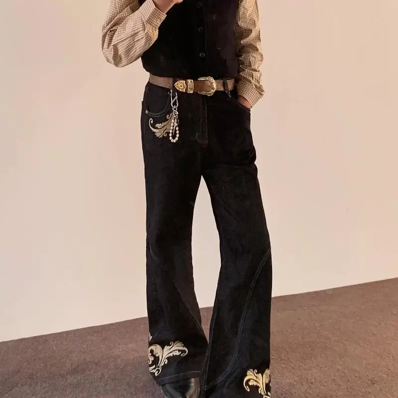 Men's Vintage Embroidery Fashion Jeans Casual Pant Wide Legs Sweatpants Boys Summer Bottom Male High Waist Unisex Baggy Trousers