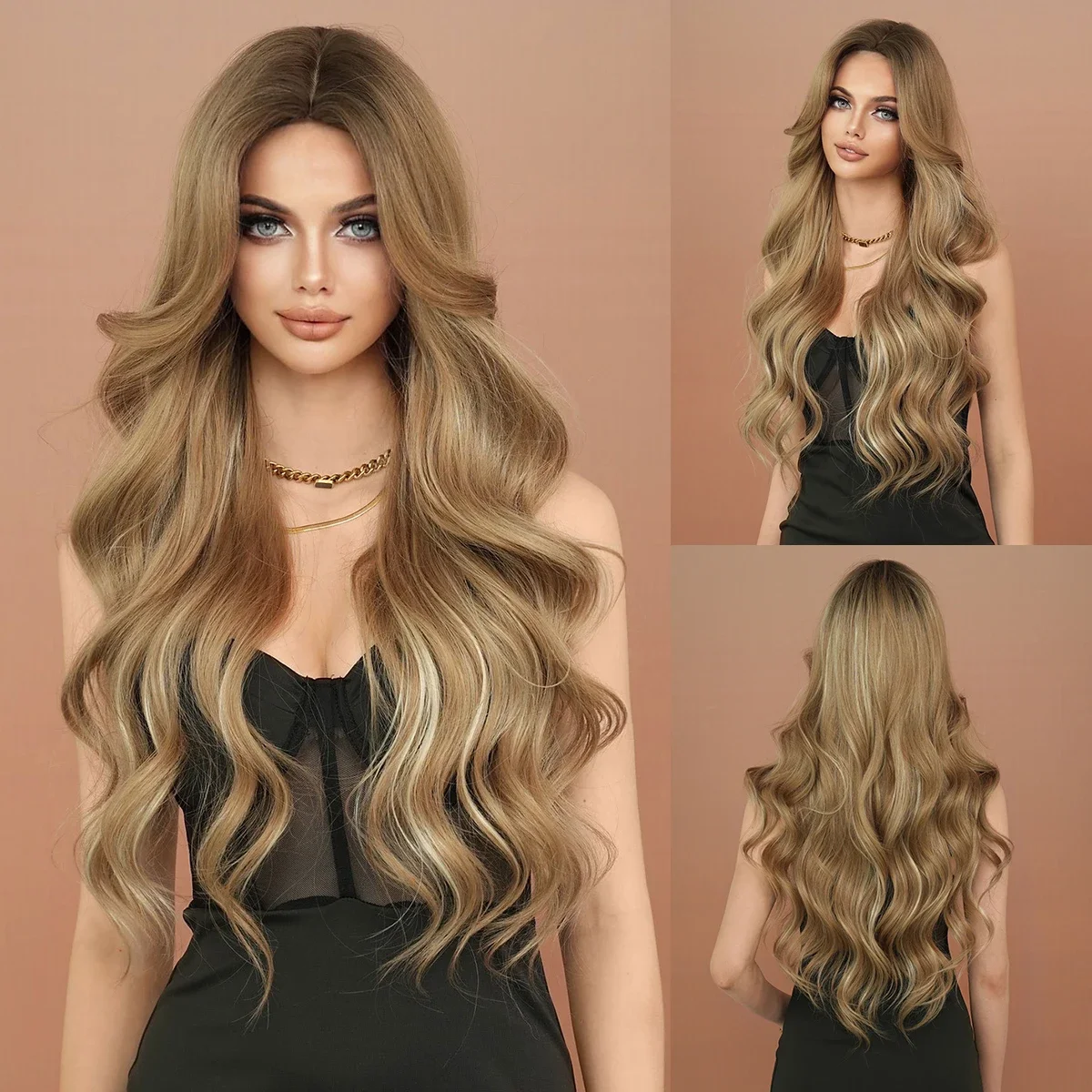 

NAMM Loose Body Wavy Light Brown Wigs for Women Daily Party Medium Split Wig Highlight Beige High Density Heat Resistant Wig