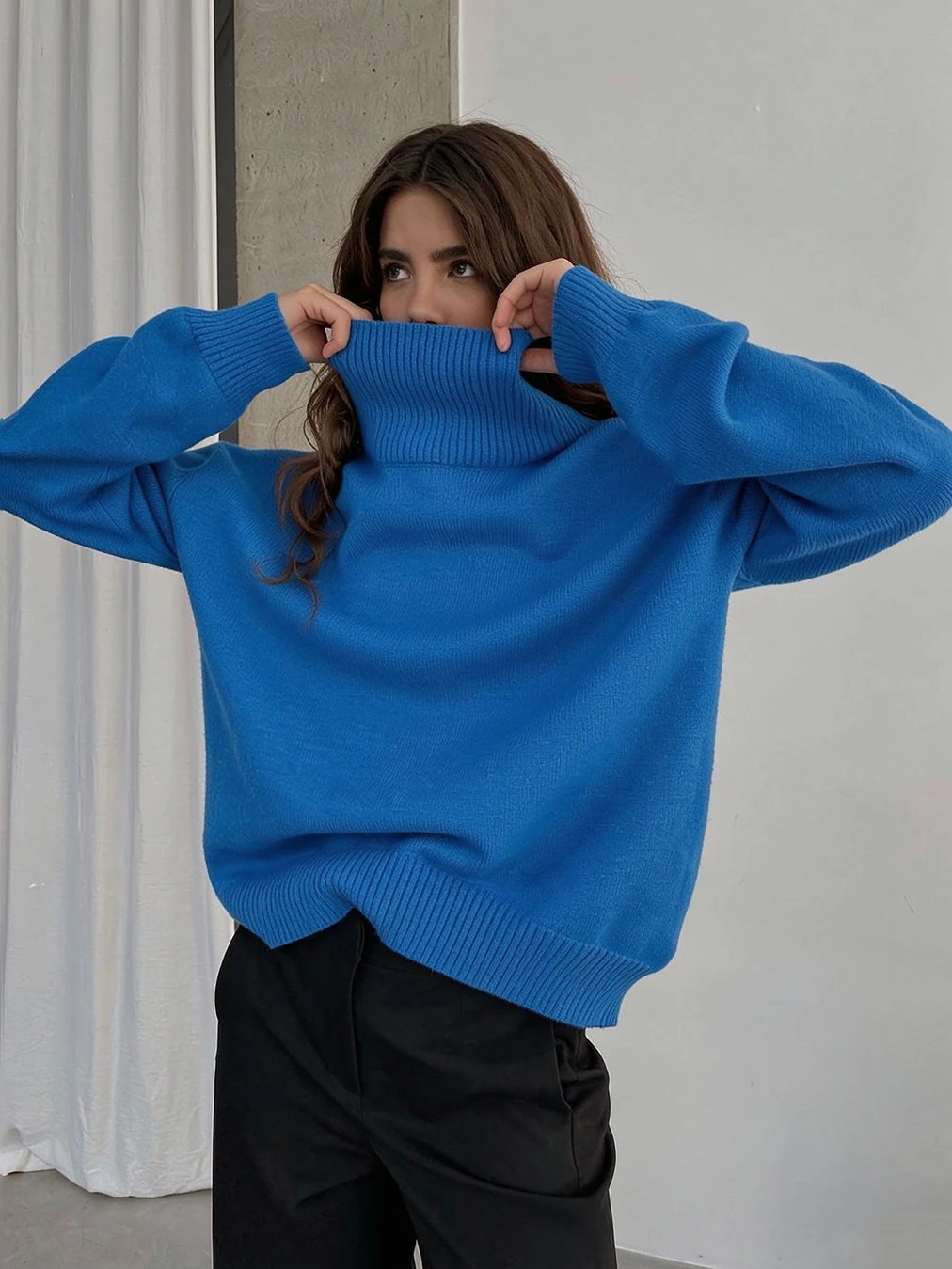 Ladies Basic Turtleneck Knitted Sweater Loose Oversized Drop Shoulder Style Ribbed Trim Soft Comfortable Match Pullover Jumper