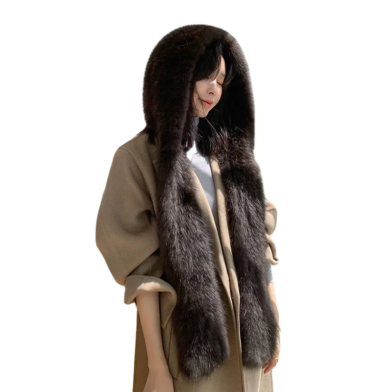 2024 Ladies Women Fashion Real Sable Fur Hooded Scarf Luxury Sable Fur Hat with Scarf Shawl