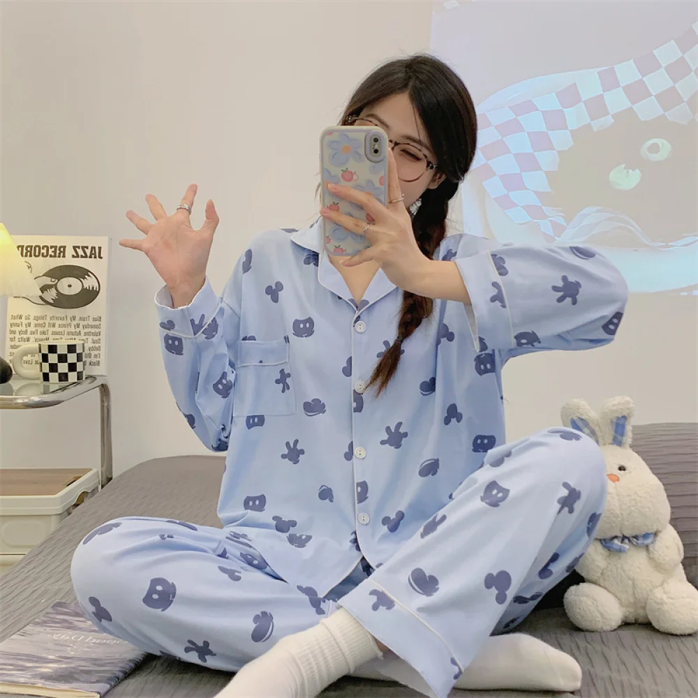 

Korean Fashion Cartoon Print Women's Pajama Sets Classic Solid Casual Female Sleepwear 2024 Spring Autumn Y2k New Home Lounge