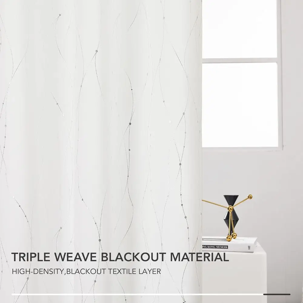 ستائر حلقية منقوشة باللون الفضي، أبيض نقي، عرض 52 بوصة × طول 84 بوصة