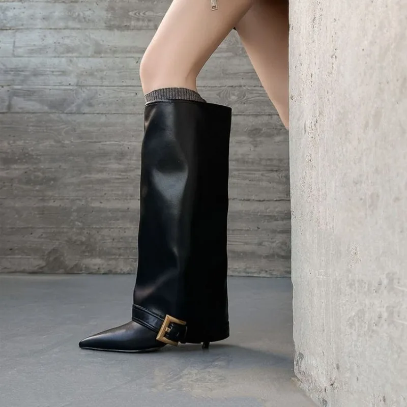 Botas de pantalón con botones cuadrados para mujer, tacones delgados y puntiagudos, tacones altos, botas largas que no alcanzan la rodilla, botas de moda elegantes