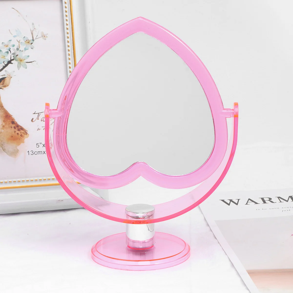 Miroir de maquillage double face en acrylique, cœur aimant, miroir Transparent décoratif de bureau, Base Stable rouge pour magasin à domicile