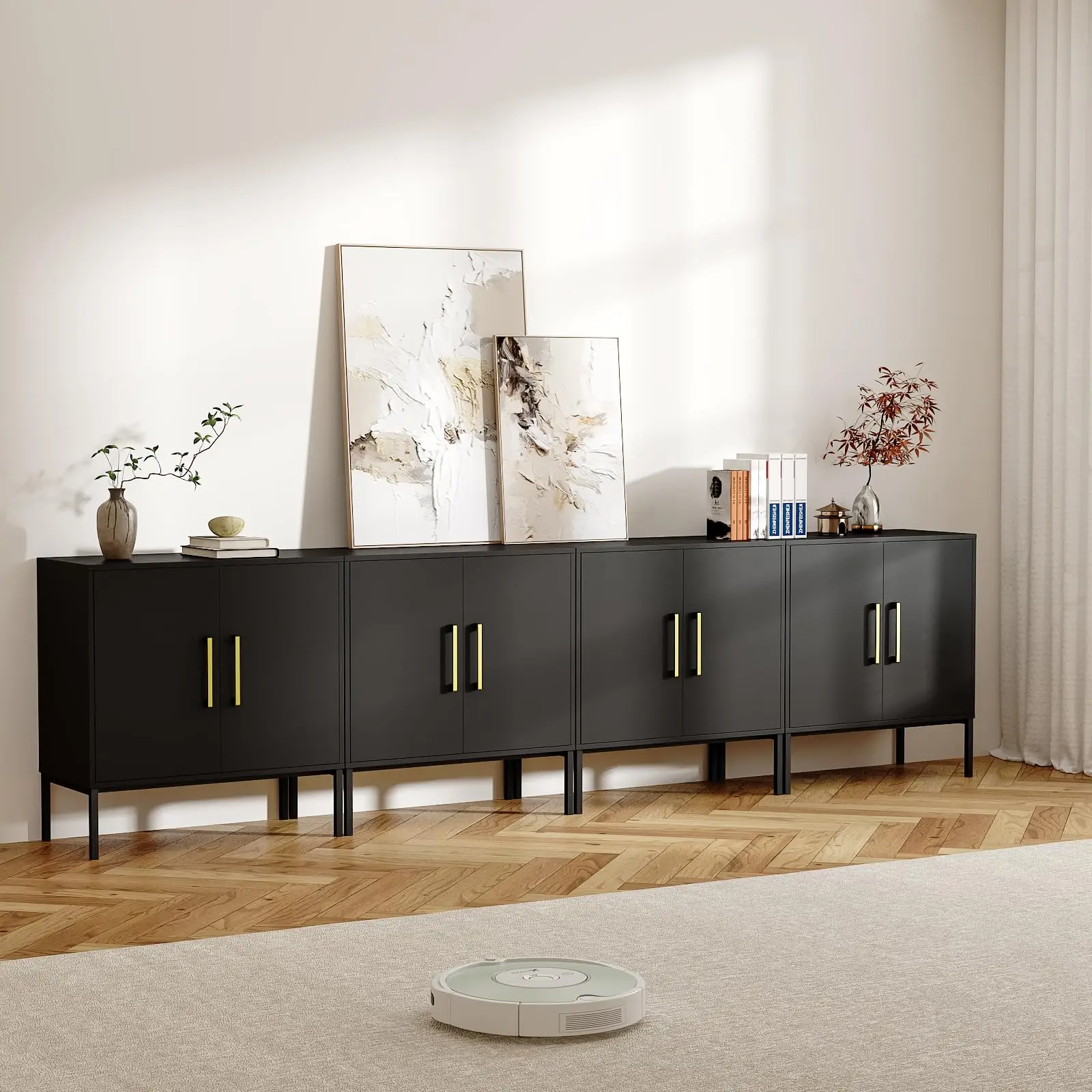 Set of 4 Storage Cabinets with Adjustable Shelf and Gold Handle, Black Buffet Cabinet with Storage, Accent Cabinet with