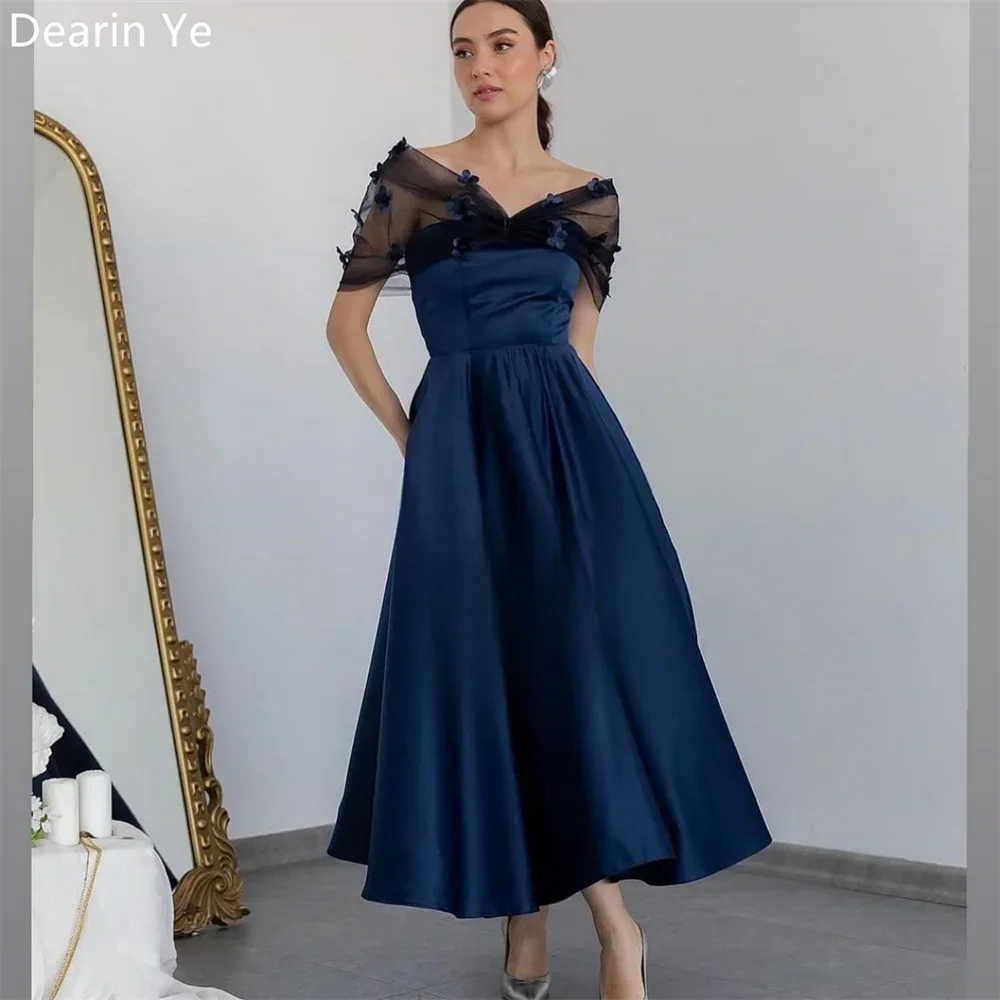 Evening Gown Prom Dearin V-neck A-line Ankle Length Skirts Tulle Flower Bespoke Occasion Dresses Formal Dress Saudi Arabia