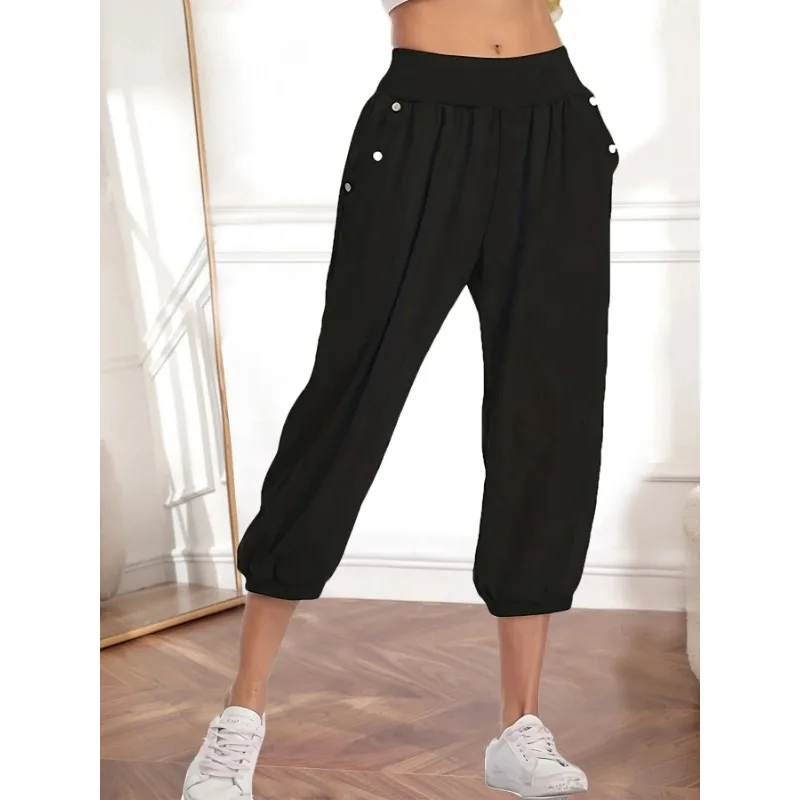 Damskie spodnie Plus-size 1XL-5XL Casual Waist Capri Pants Modne spodnie zapinane na guziki Damskie spodnie Capri z kieszeniami w jednolitym kolorze