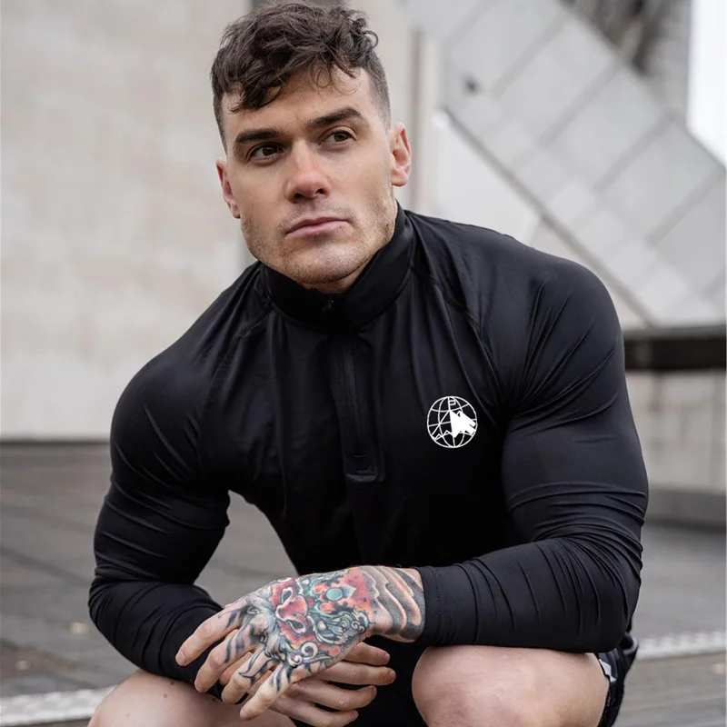 2022 New Men\'s skinny long sleeve T-shirt gym fitness stretch compression fast drying shirt men\'s exercise T-shirt top clothing