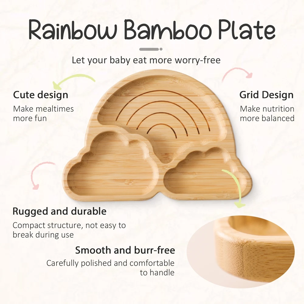 Conjunto de talheres de madeira para bebês, 2 peças, alça de madeira para crianças pequenas, tigela de placa de madeira de bambu, sucção de silicone, fornecimento de alimentação para crianças