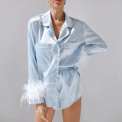 Ensemble pyjama en satin pour femme, manches longues, plumes, col rabattu, vêtements de nuit décontractés, olympiques de nuit avec short, automne, 2022, 2 pièces