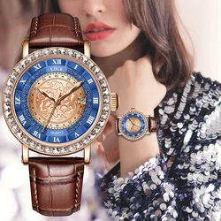 Reloj de cuarzo de lujo con diamantes para mujer, pulsera de cuero, cristal de circón, reloj de pulsera de moda