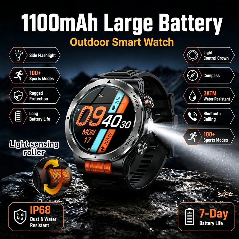 

Men Outdoor 1100mAh Battery Smart Watch 2026 New Military Flashlight 3ATM Waterproof Heart Rate Bluetooth Call Sports Bracelets