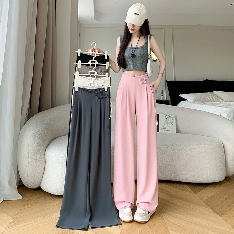 Chinese Style Straight Suit Pants Women's Wide Leg Pants Fashion  Solid Color Buckle Lace-UP OL Work Full Length Pants