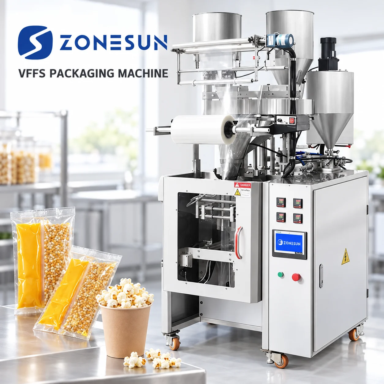 ZONESUN VFFS Popcorn Packaging Machine Vertical Form Fill Seal Portion Packs Oil Salt Kit Packing Equipment Cup Filling ZS-FS01