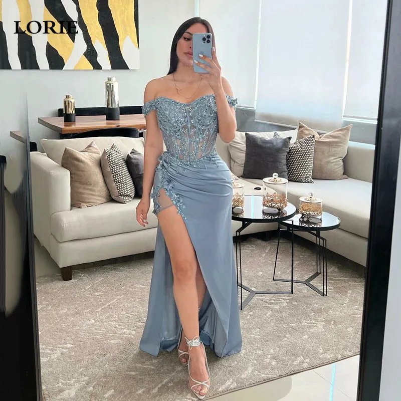 

LORIE Nordic Blue Mermaid Evening Dresses Lace Appliques Prom Gowns Elegant Pleats Evening Party Dress 2023