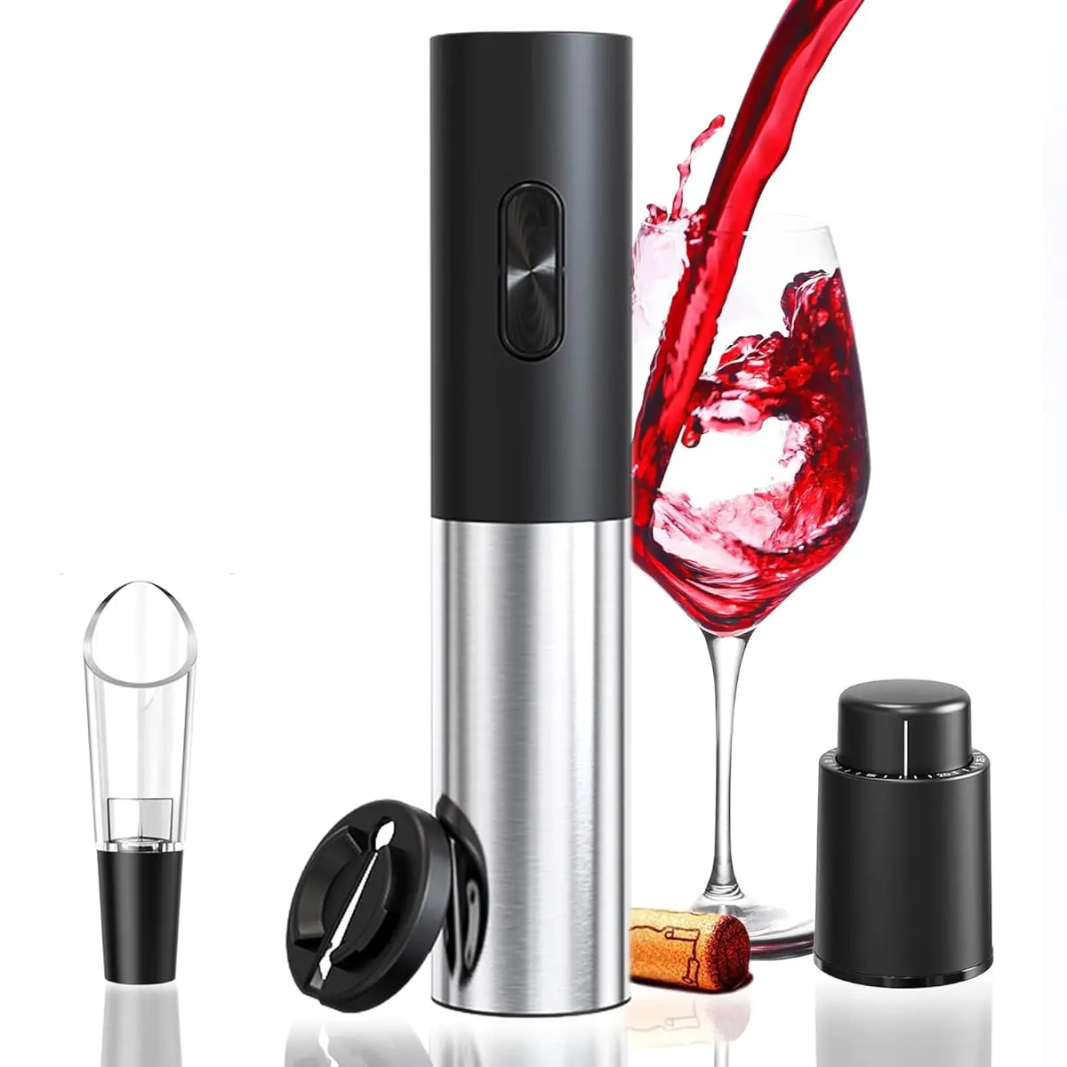 Electric Wine Bottle Opener with Wine Pourer, Vacuum Stopper, Foil Cutter, Rechargeable Wine Corkscrew Automatic Wine Opener