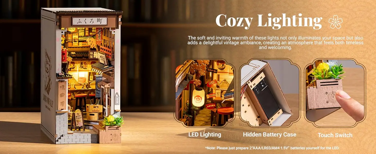 Sakura Wine Alley DIY Booknook with Lights DIY Miniature Dolls House Kit 3D Wooden Puzzle Bookend Bookshelf Decor Gift