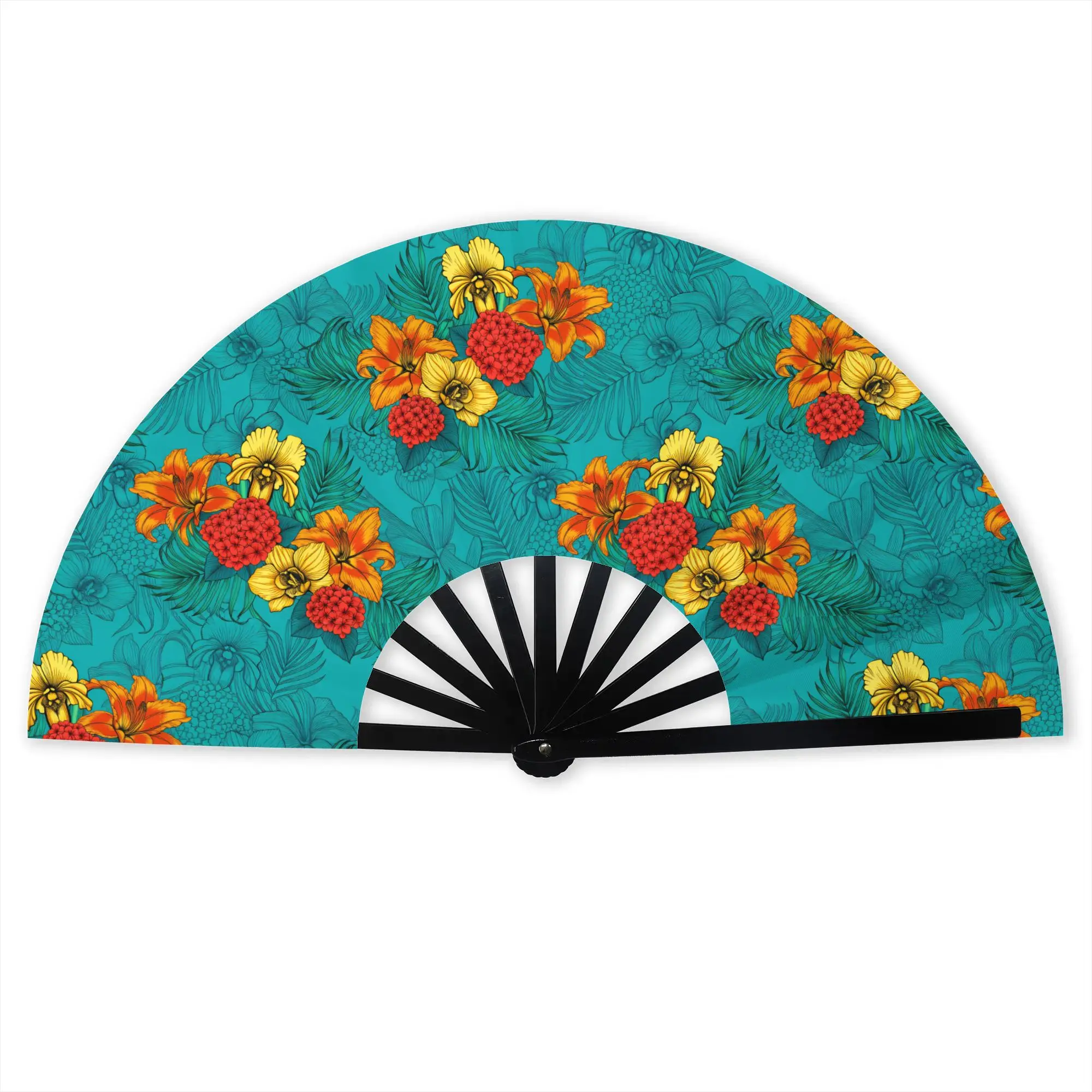 Tropical Floral Lilies Yellow Orchid  Portable Pocket Fan Outdoor Red Flower Clusters Folding Fan Chinese Dance Handheld Fans