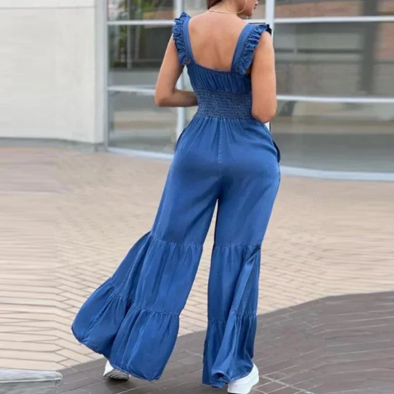 Women Solid Imitation Denim Jumpsuits Spring V Neck High Waist Straight Playsuits Summer Backless Wide Leg Pleated Pants Rompers