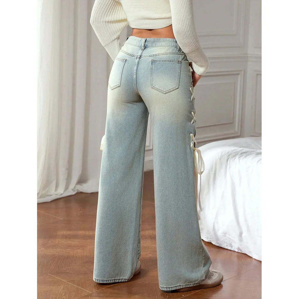 2026 New Women Wide Leg Jeans Casual Loose Fit Denim Pants Side Lace Up Ribbon Fashion Streetwear Trousers