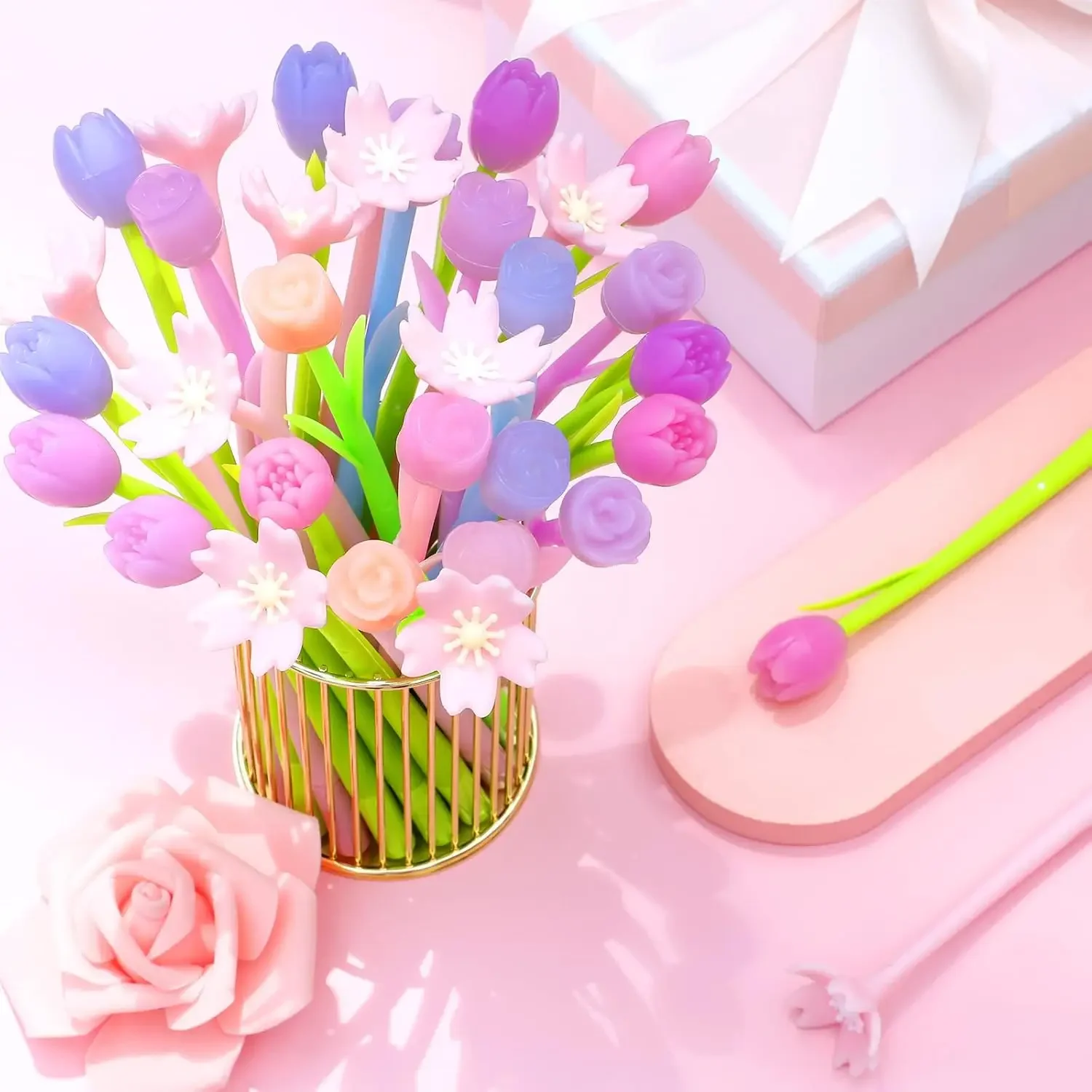 24 Pcs Wholesale Tulip Rose Sakura Color Changing Flowers Gel Pens for Spring Mother's Day Teacher Gifts Office Writing Supplies