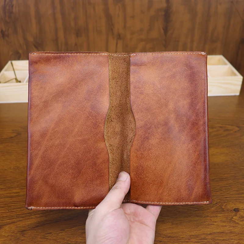 Business Genuine Leather Passport Holder Vegetable Tanned Hand Distressed Document Organizer Phone Holder Cowhide Long Wallet