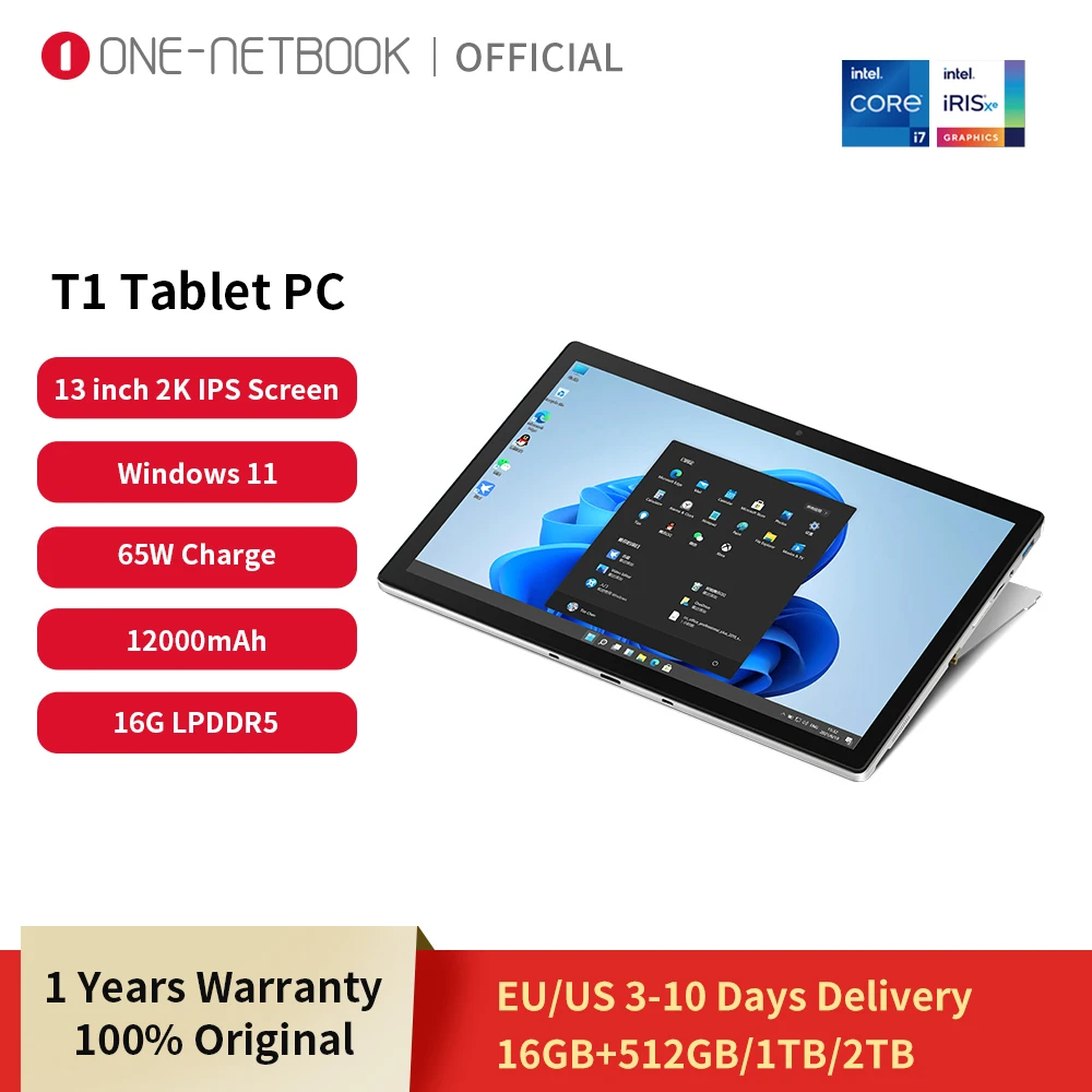 T1 13 ”Tablet 2 IN 1 Laptop i5-1240P i7-1260P 16GB + 512GB/1TB LPDDR5 Windows 11 Ultrasli Computer 12000mAh 65W Ladung PC Notebook