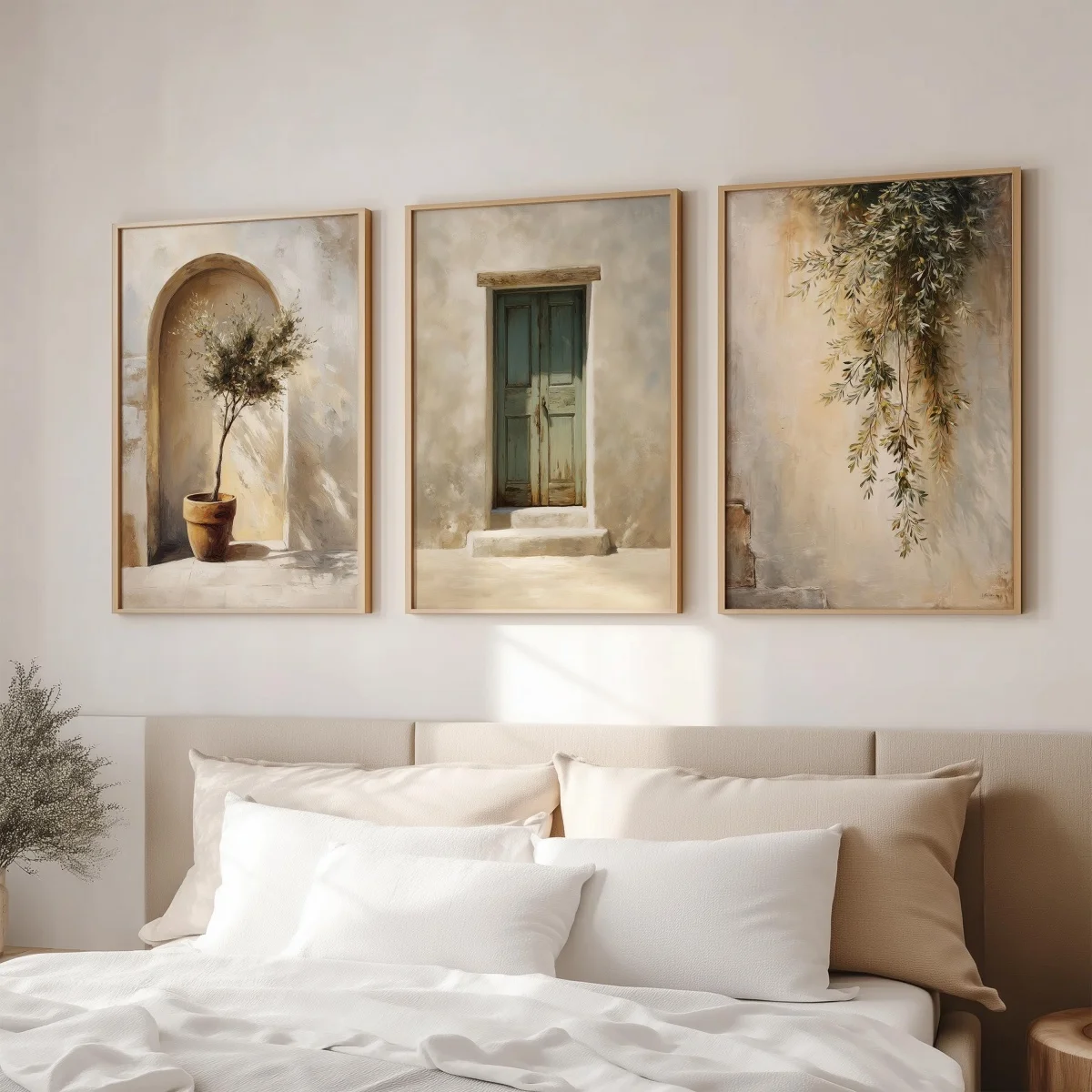 3PCS  Frameless,3pcs/set Mediterranean Italian Olive Tree Canvas Prints Poster Neutral Beige Rustic Courtyard Prints Wall Art Ho