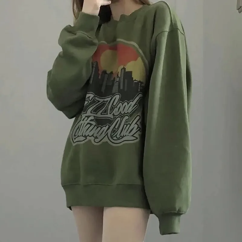 

Korean Style Green Crewneck Sweatshirt Women Vintage Harajuku Letter Printing Pullover Female Y2K Hoodie Hip Hop Tops