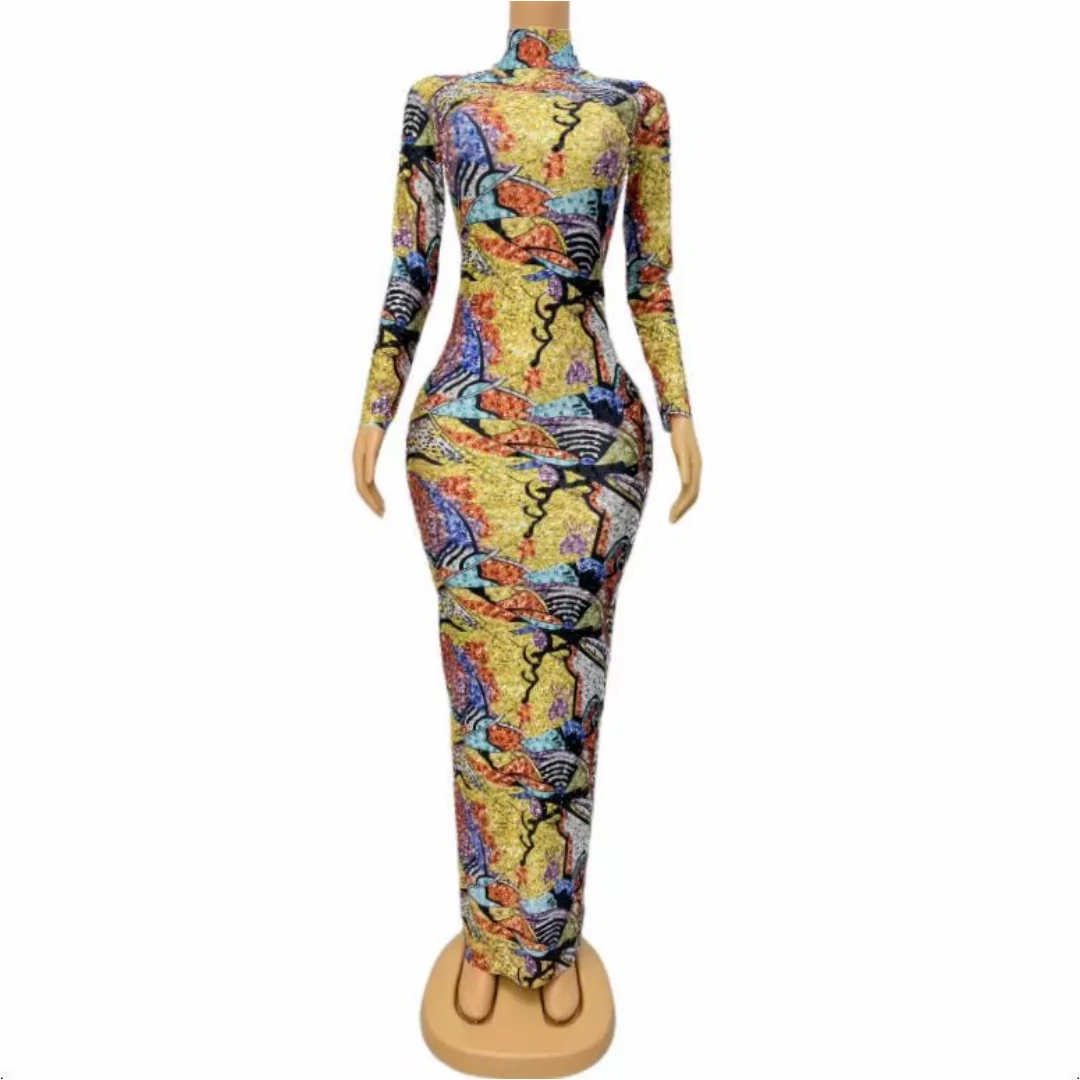 Women Sexy Colorful Print Long Sleeve Crystal Diamond Stretch Tight Long Dress Elegant Birthday Evening Dress Performance Dress