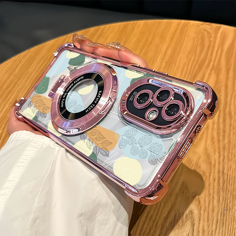 

Leaves Print Phone Case For OPPO Find X8 Pro Stand Holder Plating Cover For Find X7 Ultra Shockproof Transparent Silicone Capa