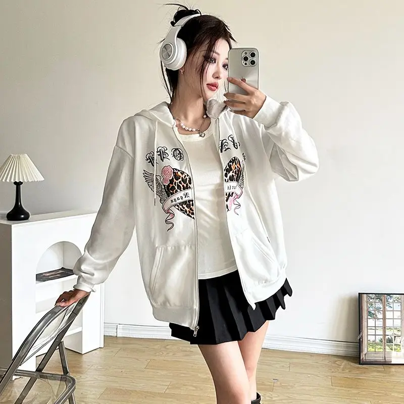 Hooded Sweater Jacket Printed Zipper European And American Fashion Women'S Warm Slim Fit Versatile Hot Girl Top