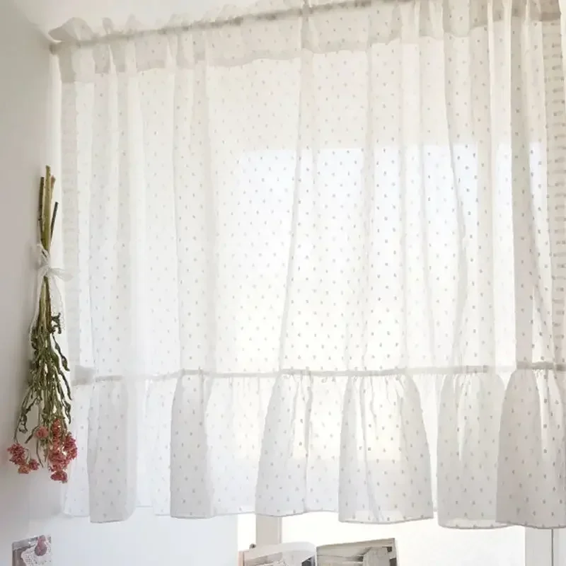 Valance Short Window Curtain White Sheer Dot with Ruffle Romatic Korean Style Rod Pocket Small Kitchen Curtains 1pc W150xL40 Cm