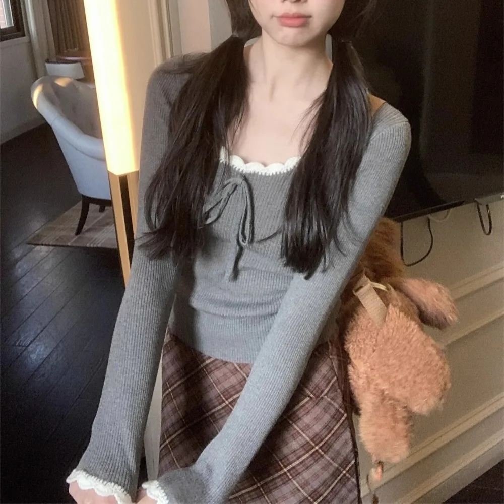 Core spun Yarn Knitted Sweater Contrast Tie Bow U Neck Knitted Sweater Women's Slimming Bottom Sweater Top Knitted with Wool