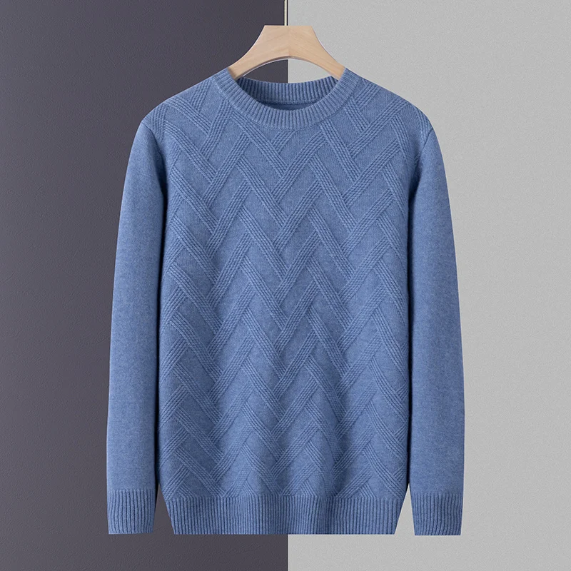 

Autumn/Winter Men's Cashmere Sweater Casual Knitted Hoodie Round Neck Thick Business Casual Wool Tops Diagonal Geometry Jumper