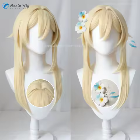 In Stock Lumine Cosplay Wig Long Blonde Wigs Heat Resistant Synthetic Hair Genshin Traveller Lumine Aether Anime Wigs + Wig Cap