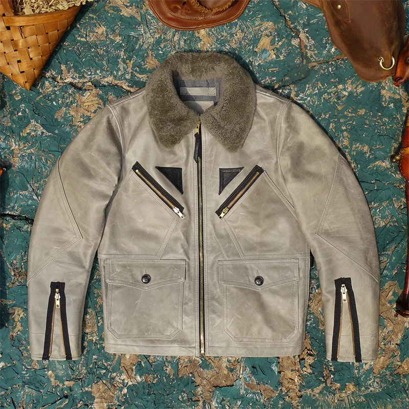 

l Navy Flight Jaet Wax Dye Original Color Bullhide Real Leather Men's Fur Collar ort Sle Faion Urban Youth Wor...