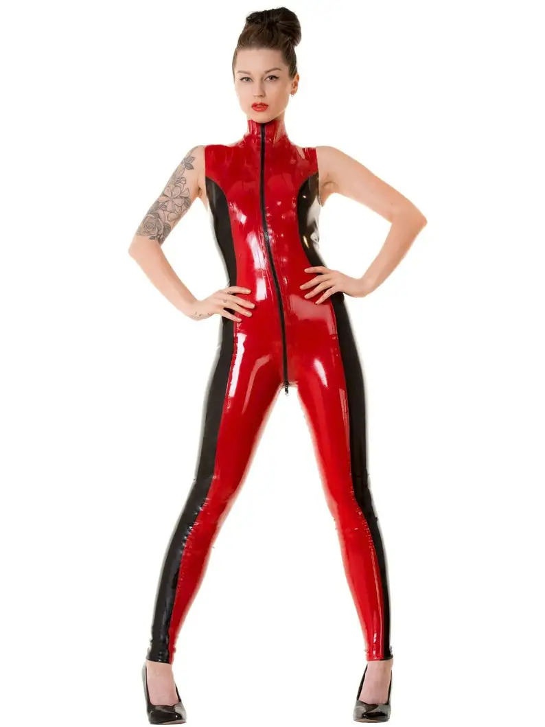 Skin two Latex Two Tone Catsuit in Red Black handmade cosplay