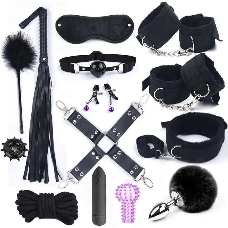 Women's Erotic Nylon Bondage BDSM Kit with Handcuffs Sex Whip Mouth Gag Rabbit Tail Anal Plug for Adult Games view 2
