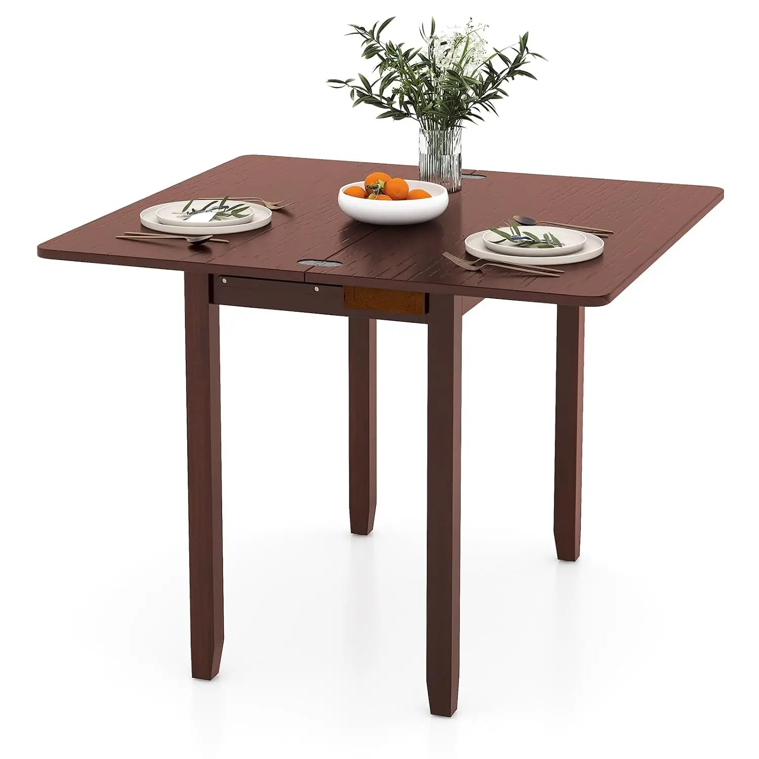 Extendable Dining Table for 4, Folding Kitchen Table with Storage Compartment & Rubber Wood Legs, Space-Saving Dinner Table for