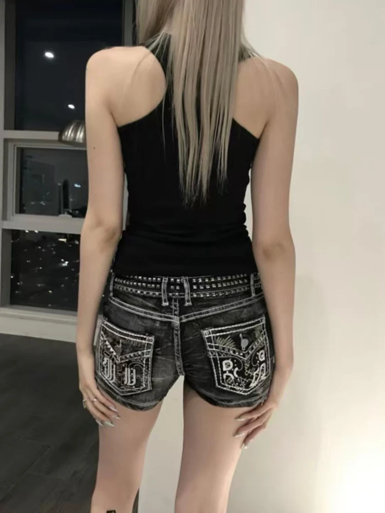 

Low Waist Embroidered Rivet Denim Shorts Women's Summer Y2K Dark Spicy Bodycon Versatile Butt Covering Pants Trendy Style