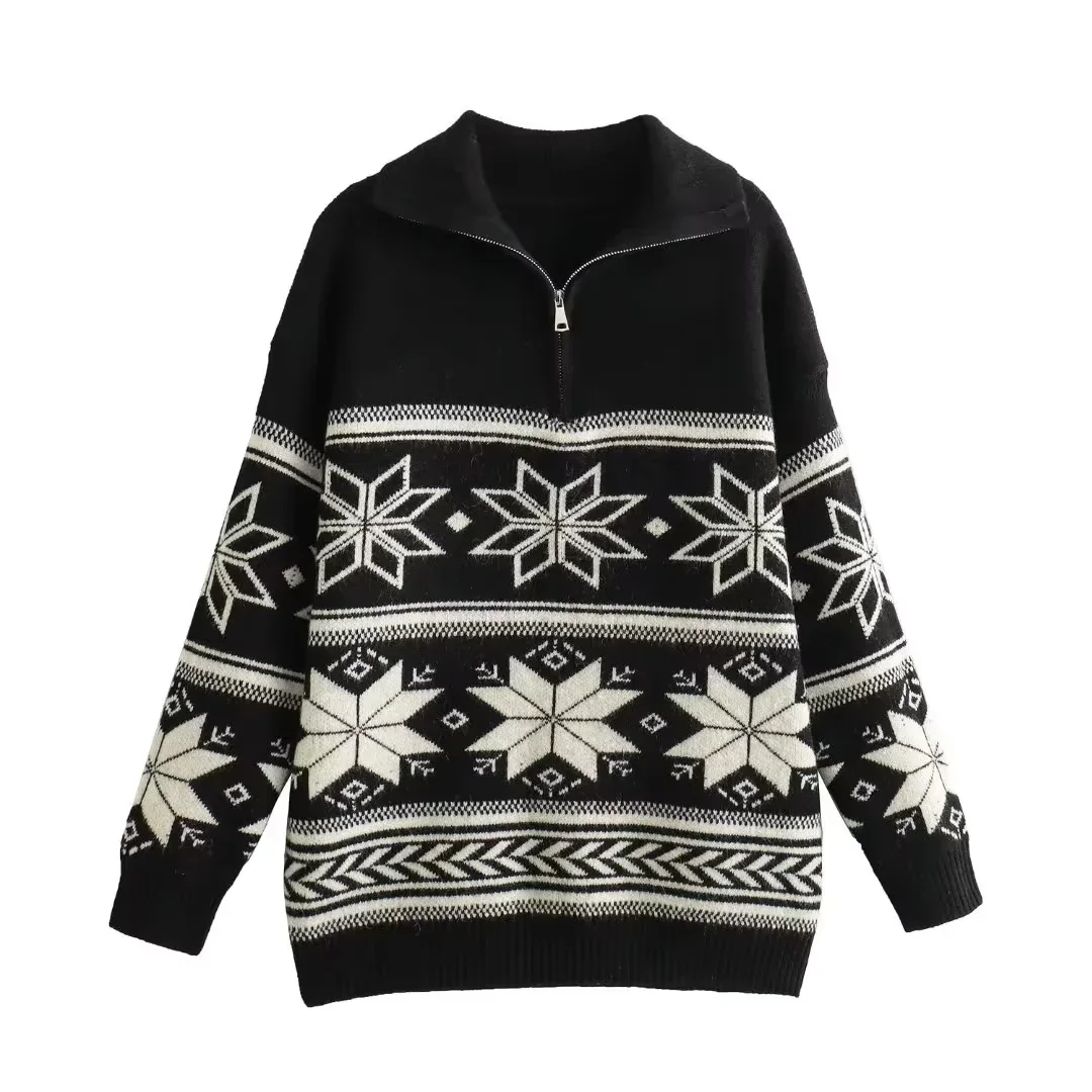 

ZBZA Autumn New Women's Loose Fit Lazy Sle Turn-down Collar Sweater Versatile Street Faion Long Sve Polyester Fiber