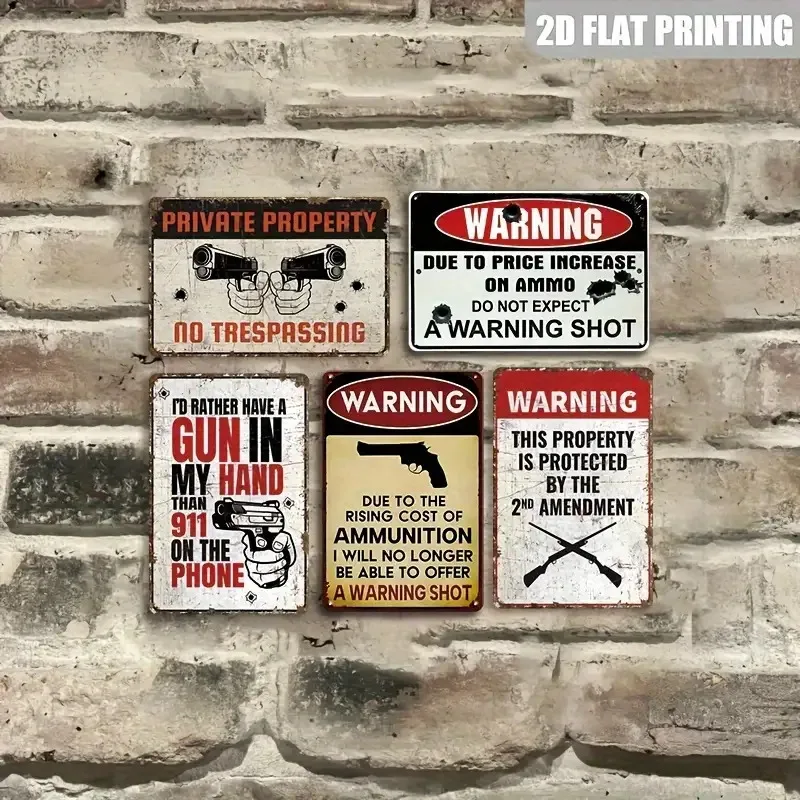Decorative Sign & Plaque, 5pcs Vintage Metal Gun Warning Signs - No Trespassing, Private Property, Ammunition Notice - Heavy-Dut