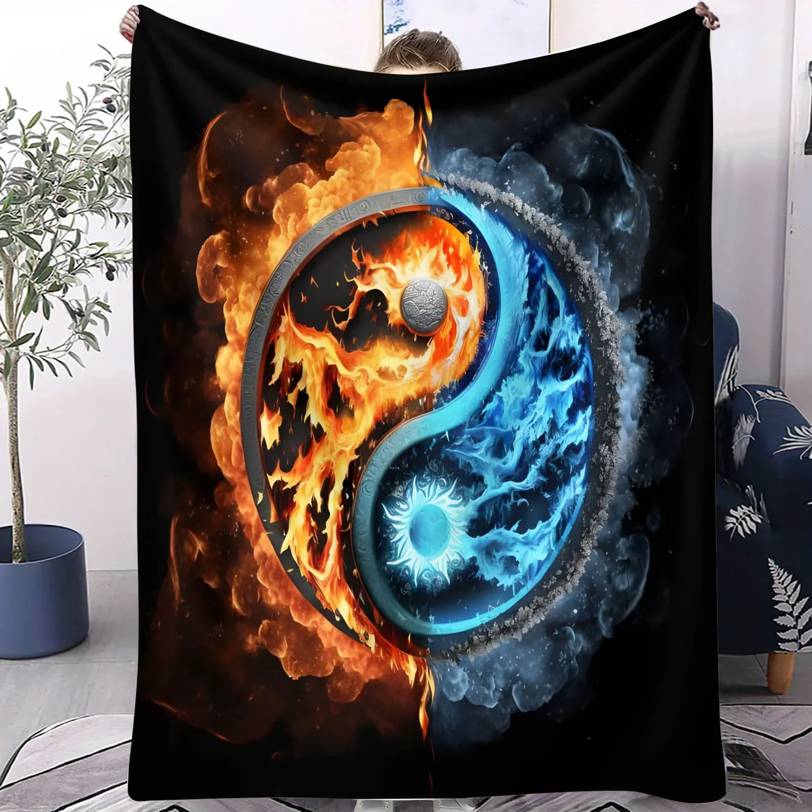 

Two Lions Cold & Warm Tone Yin-Yang Blanket - Artistic Style Fleece Throw for Beds Sofa Home Decor Adults Kids Cozy Warm Gift