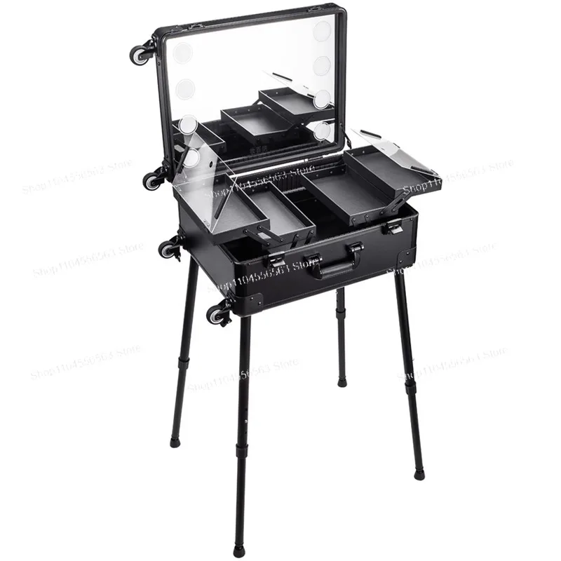 Cosmetische koffer van aluminiumlegering met lamp en spiegel, professionele volgkunstenaar, gereedschapskist voor make-upkunstenaars