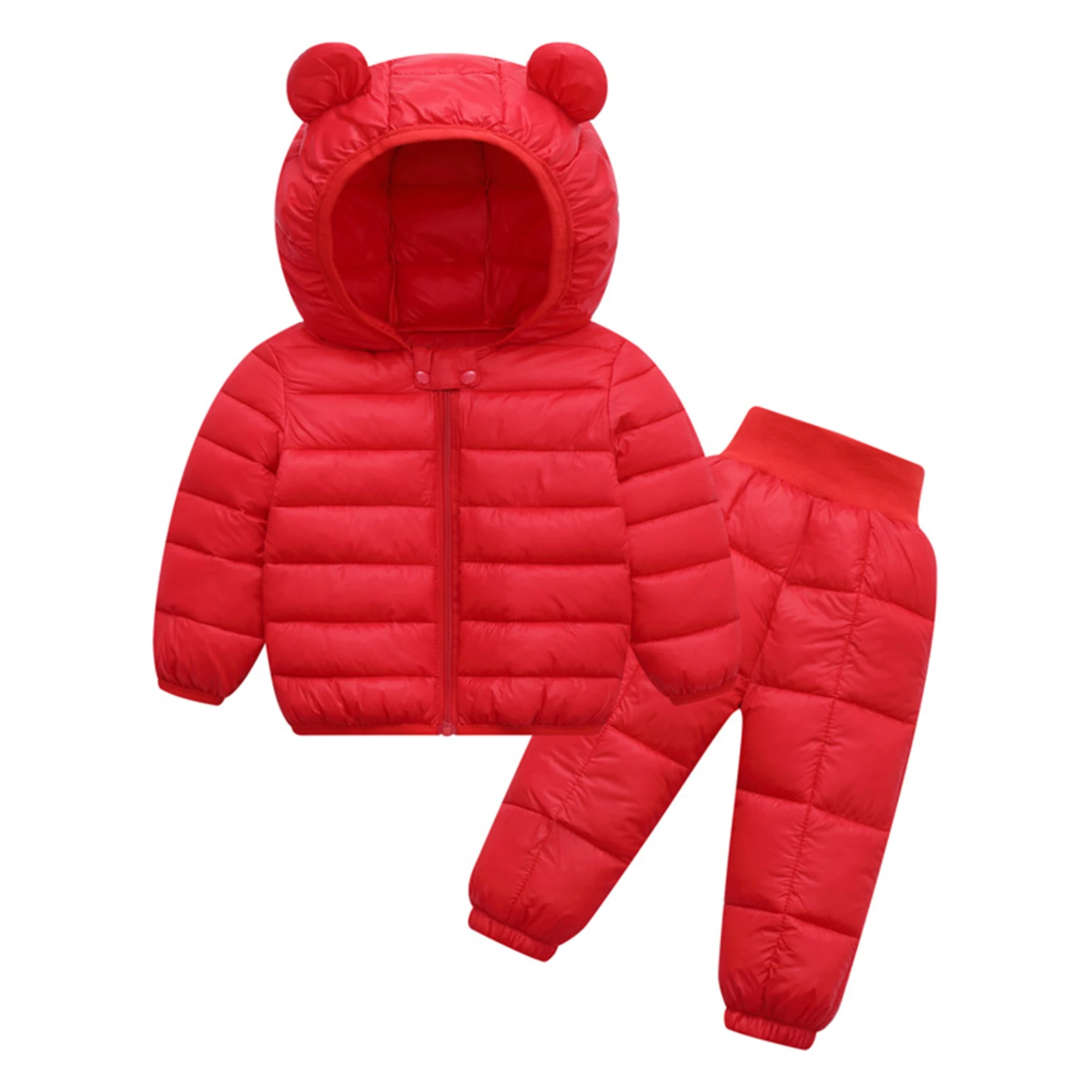 

Toddler Baby Casual Warm Snowsuit Long Sleeve Bear Ears Hooded Winter Down Jacket with Elastic Waist Pants Kids Snow Suit Outfit