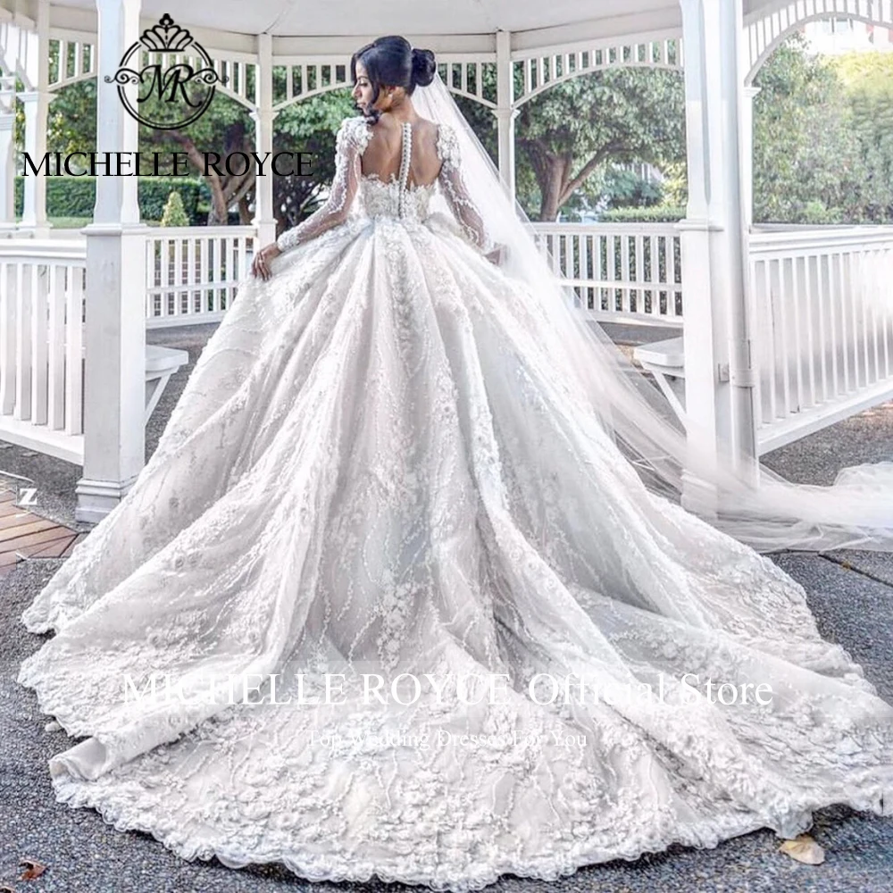 Michelle Royce Luxury Ball Gown Wedding Dresses For Women 2024 Sweetheart 3D Flowers Long Sleeves Wedding Gown Vestidos De Novia