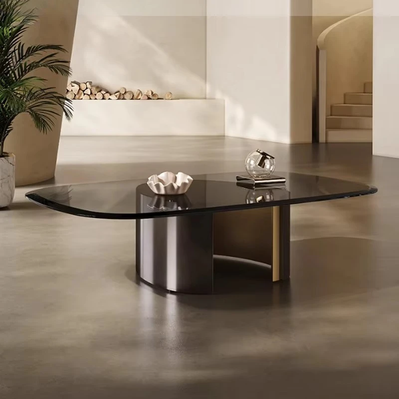 ！@Gainsville Furniture Italy Center Glass Tables Metal Leg Minimalist Modern Simple Mesa De Centro Brown Coffee Glass Table