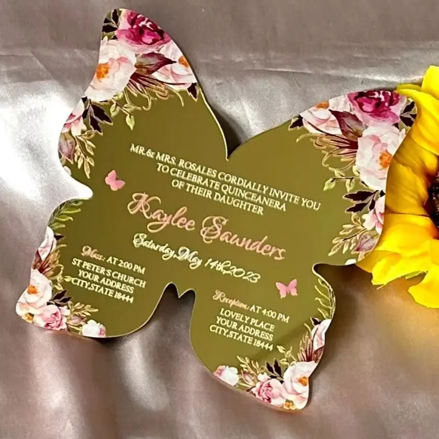 

10pcs Custom Gold Acrylic Wedding Invitation,Butterfly Shape Quinceanera Invite,Personalized Envelopes for Gift Favor Decoration