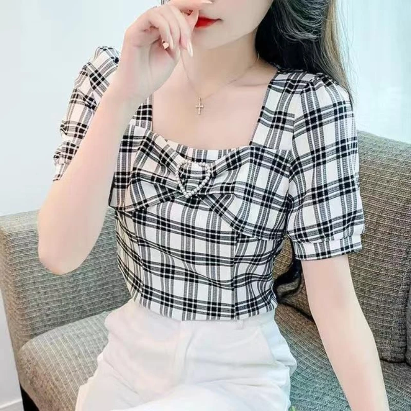 

Women's 2026 Summer New Arrival French Niche Plaid Top Short Puff Sleeve With Unique Design Short Length Casual Wear
